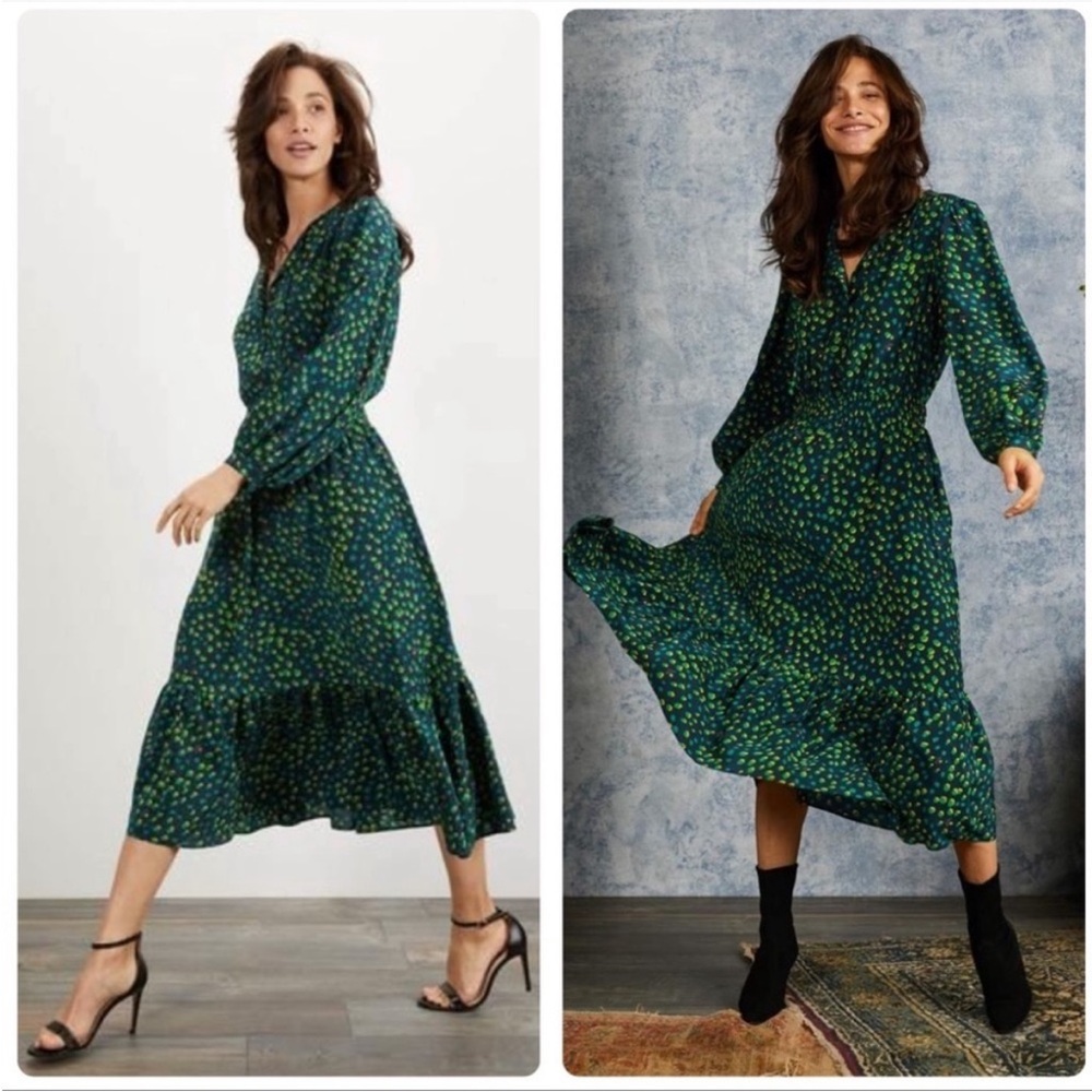 Tucker NYC Juliette 100% Silk Green Polka Dot Jungle Dot Midi Dress Small
